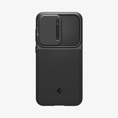 ACS05639 - Galaxy S23 Ultra Case Optik Armor in black showing the back with lens protector slot open